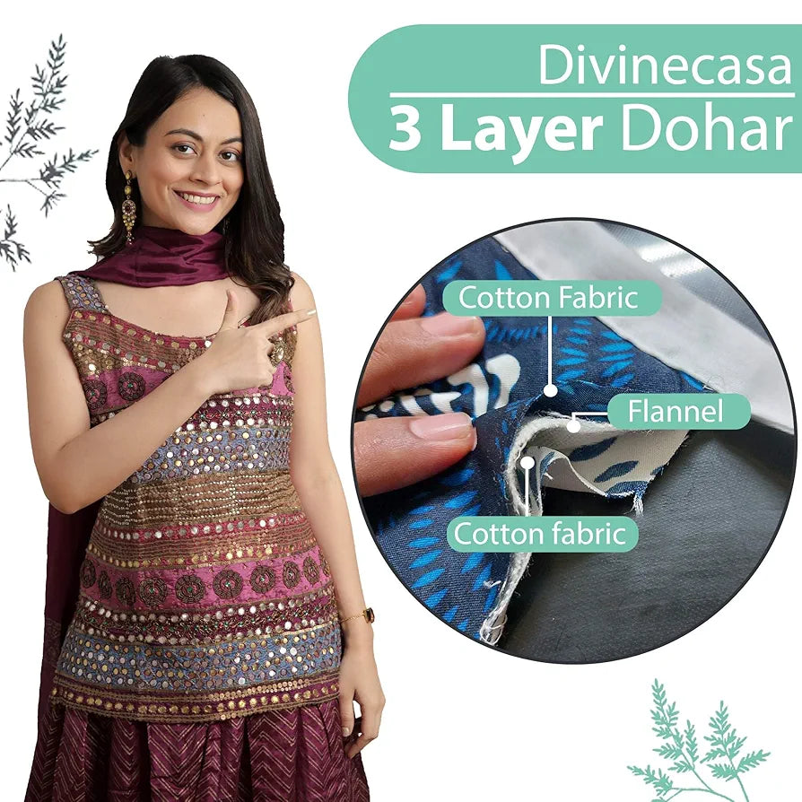 Divine Casa Floret 100% Cotton Double Dohar 120 GSM Soft & Lightweight Throw Blanket Colour Beach Glass
