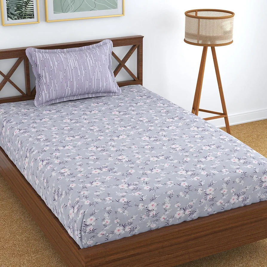 Homefab India 210 TC Glace Cotton Single BedSheet with 1 Pillow Cover Floral Purple