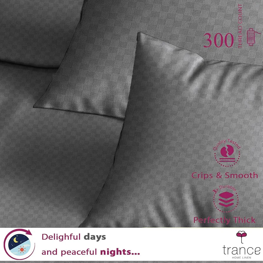 Trance Home Linen Skin Friendly 100% Cotton Jacquard Weave Fitted Bedsheet for Queen Size Bed with 2 Pillow Cover Premium 300TC Colour Dark Grey