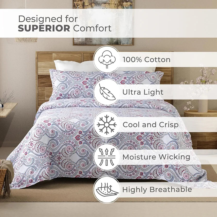 Layers Emaline Cotton King Bedsheet Set 1 King Cotton Bedsheet & 2 Pillow Covers Breathable & Anti-Wrinkle 144 TC Purple Ornate