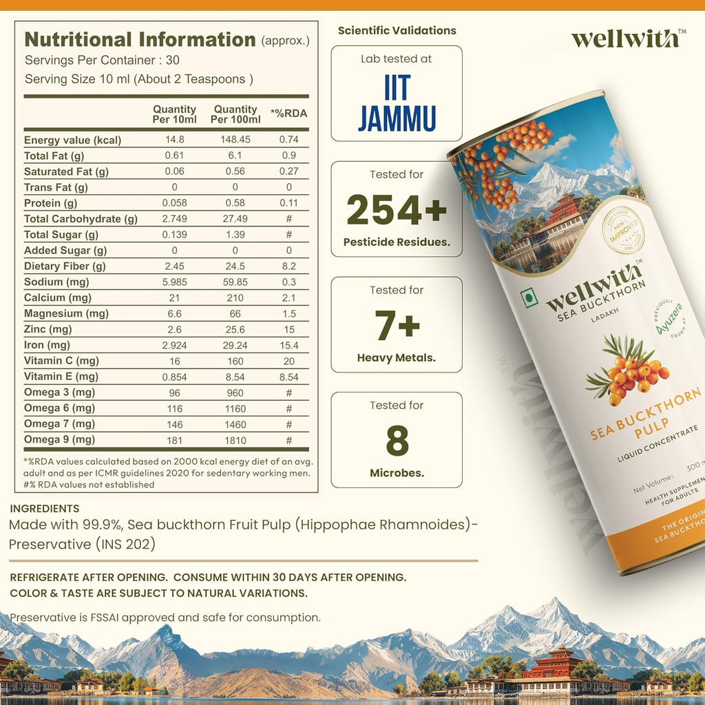 Ayuzera (Wellwith) Himalayan Sea Buckthorn Pulp Concentrate 300ml | Cold-Pressed | Makes 50 Glasses | Natural Vitamin C, Omega 3 6 7 9, Antioxidants | Immunity, Skin Glow & Gut Health Support | Juice Seabuckthorn