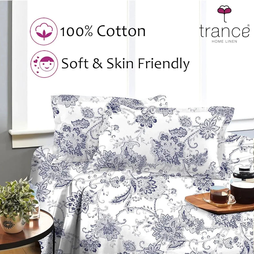 Trance Home Linen Skin Friendly 100% Cotton Printed Fitted Bedsheet for Queen Size Bed with 2 Pillow Cover Premium 180TC Colour Blue Pathway
