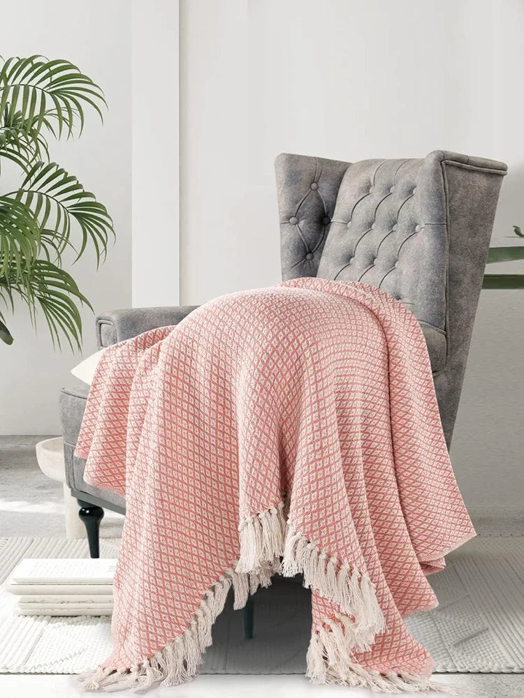 Sashaa World Cotton Soft Throw Blanket Colour Peach/White