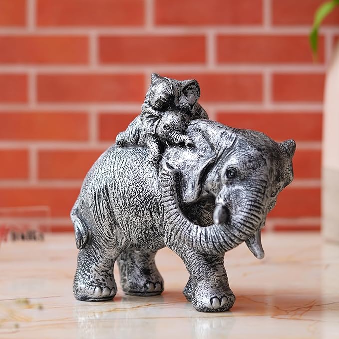 Ecraftindia Polyresin Elephant Statue With Baby Elephant on His Back Decorative Showpiece