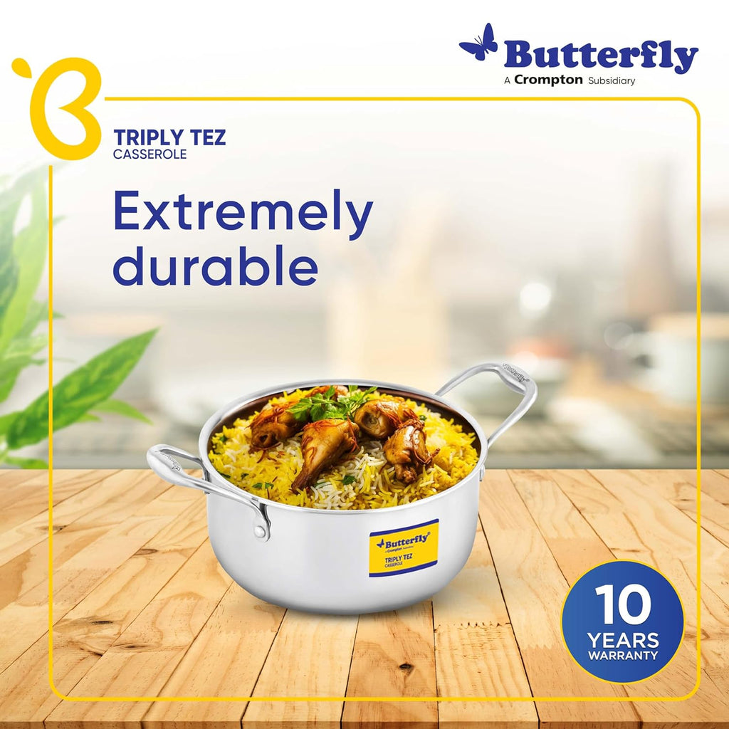 Butterfly Tez Triply Casserole | 3 Litres| Stay Cool Handle | Induction Compatible
