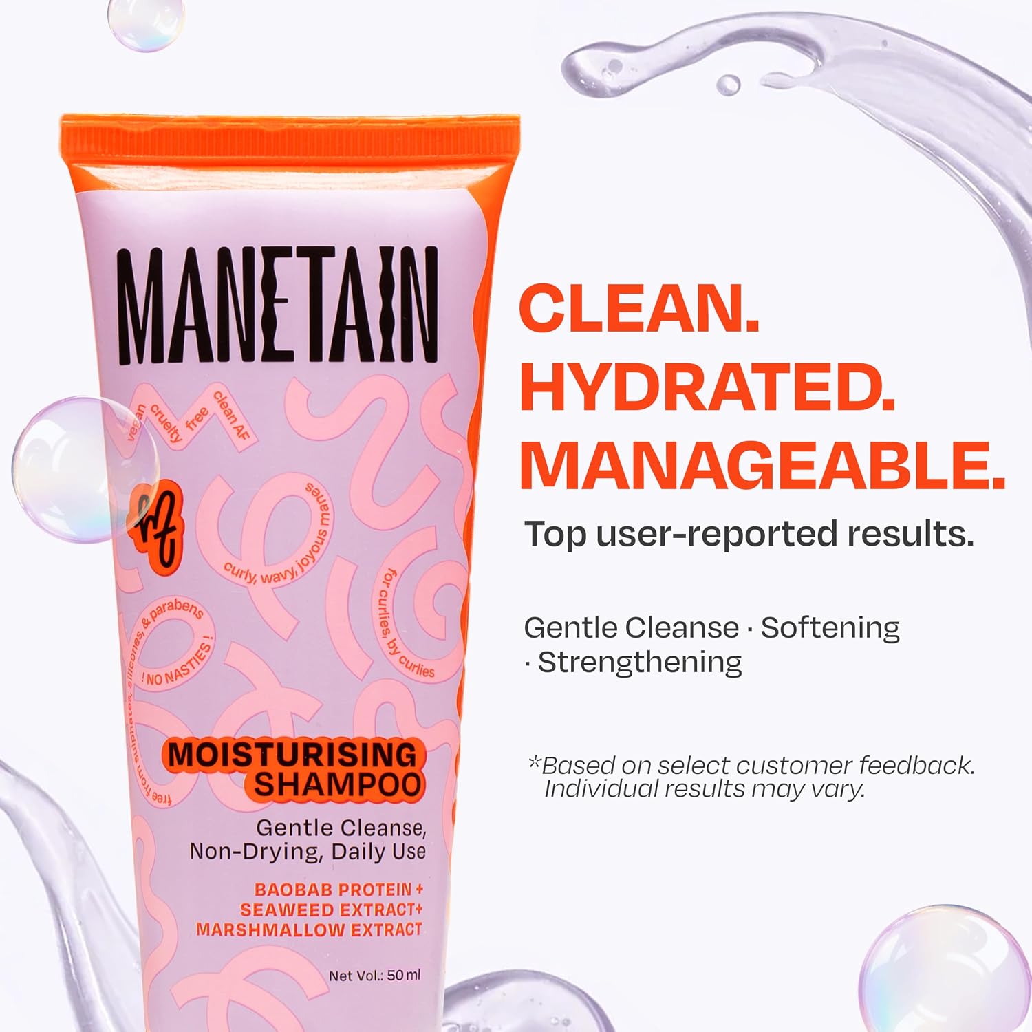 MANETAIN Moisturising Shampoo 50ml for Curly, Dry & Frizzy Hair | Sulphate & Paraben Free | Hydrates & Strengthens with Baobab Protein, Seaweed & Marshmallow Extract | CG-Friendly, Gentle Cleanser for Soft, Defined Curls