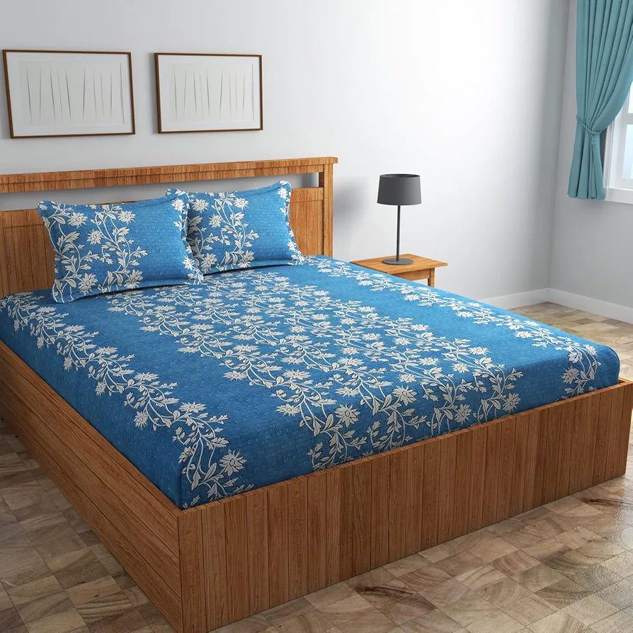 Homefab India 160 TC Glace Cotton Double BedSheet with 2 Pillow Covers Blue Floral