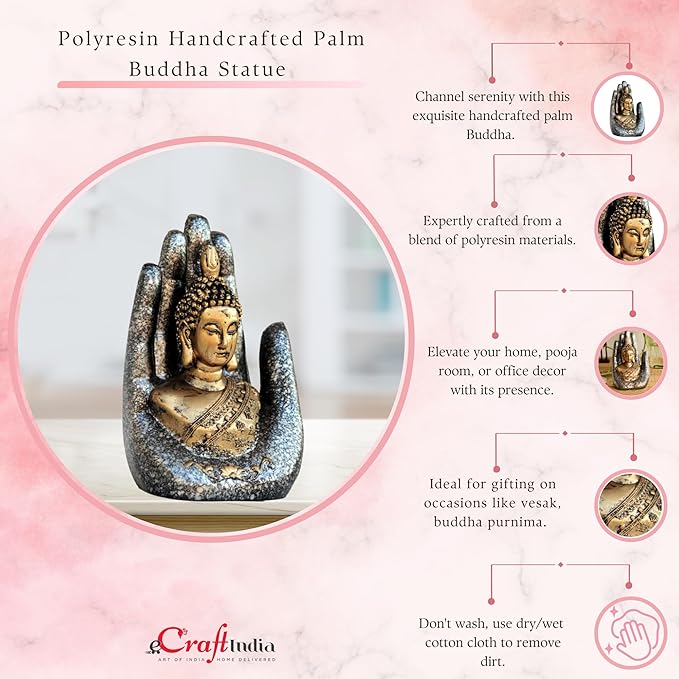 Ecraftindia Golden, Silver & Black Resin Handcrafted Palm Buddha Statue