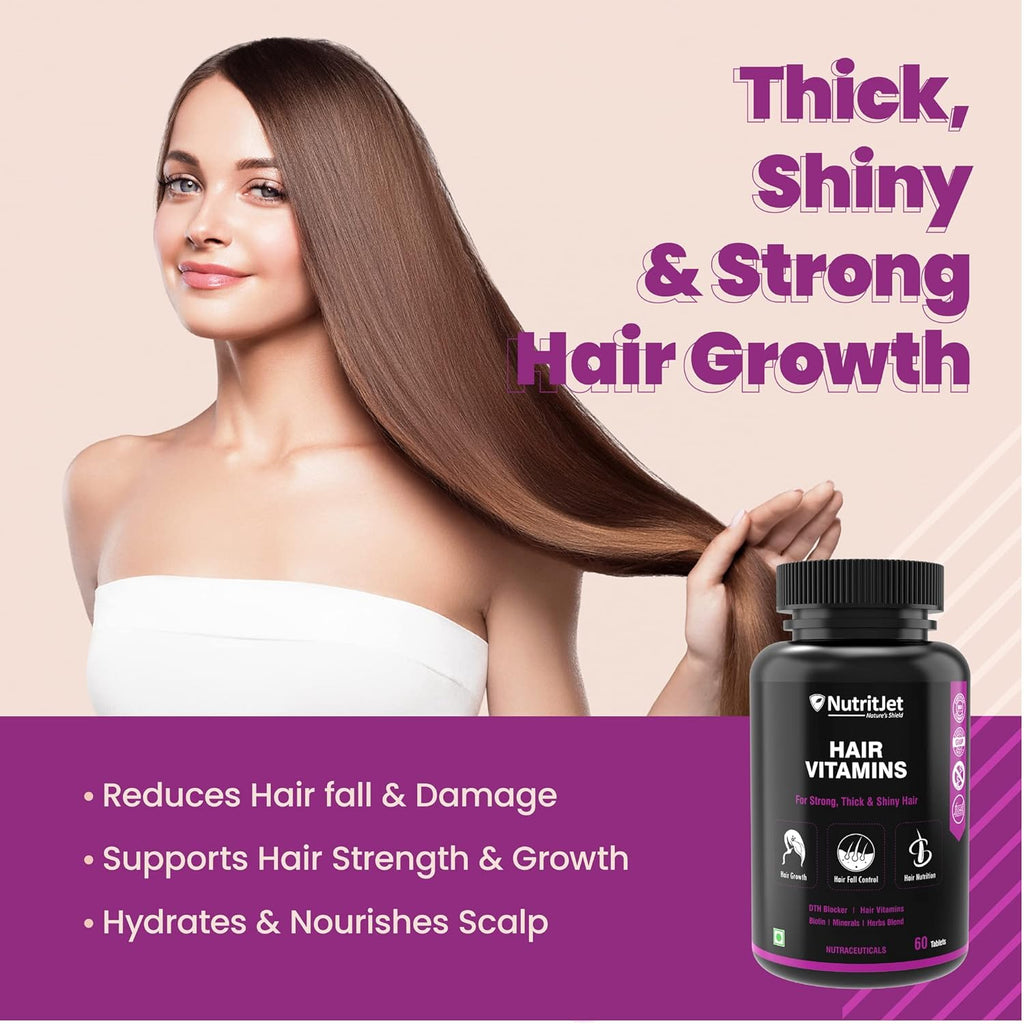 NutritJet Hair Vitamins With DHT Blocker, Biotin, Vitamin E, B3, Calcium & Zinc for Better Hair Growth & Hair fall Control For Women & Men, 60 Veg Tablets