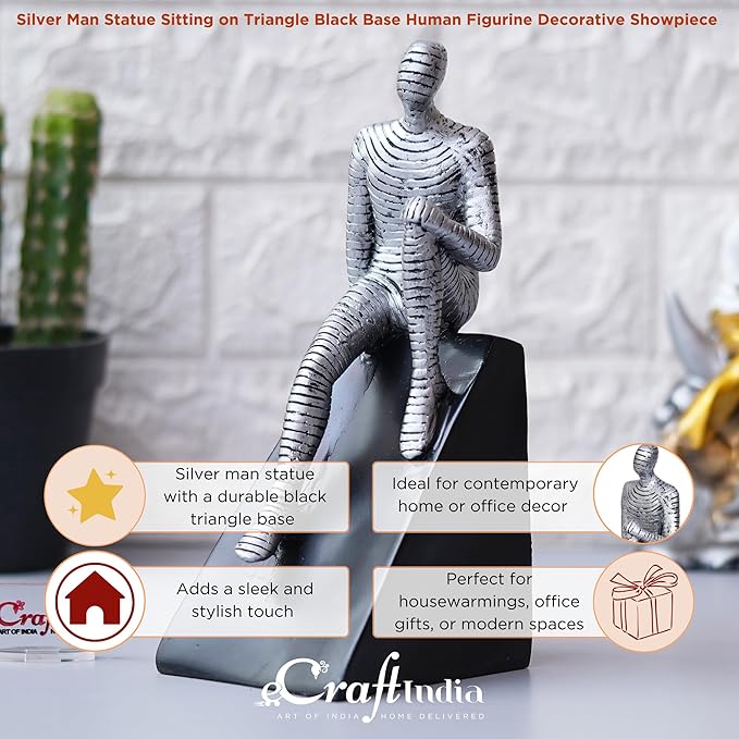 Ecraftindia Silver Man Statue Sitting on Triangle Black Base Human Figurine Decorative Showpiece