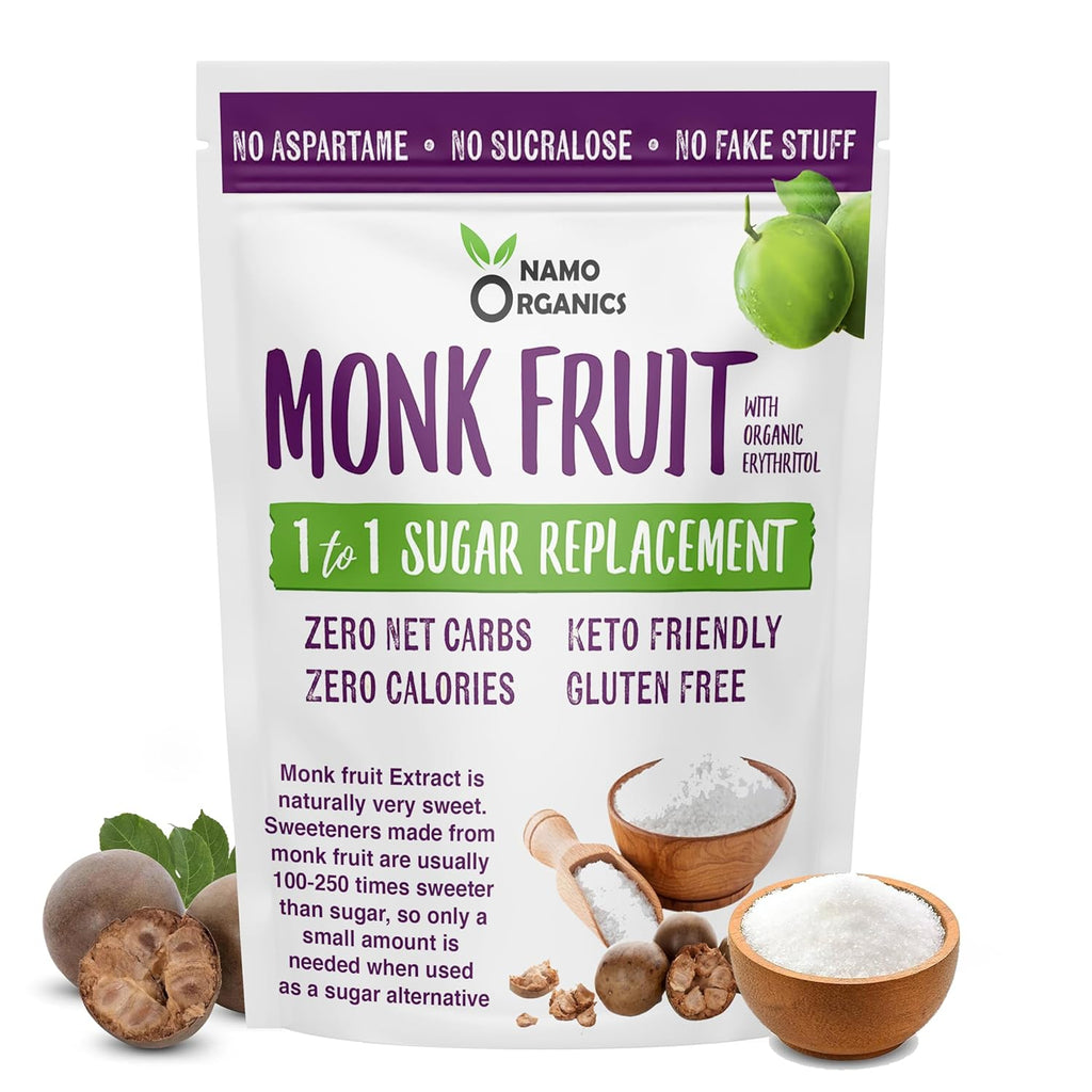 Namo Organics - MonkFruit Natural Sweetener with erythritol - 400g | 1:1 Sugar Substitute | Zero Calorie, Keto & Diabetic Friendly | Plant-Based monk fruit Sugar Alternative for Cooking, Baking & Beverages