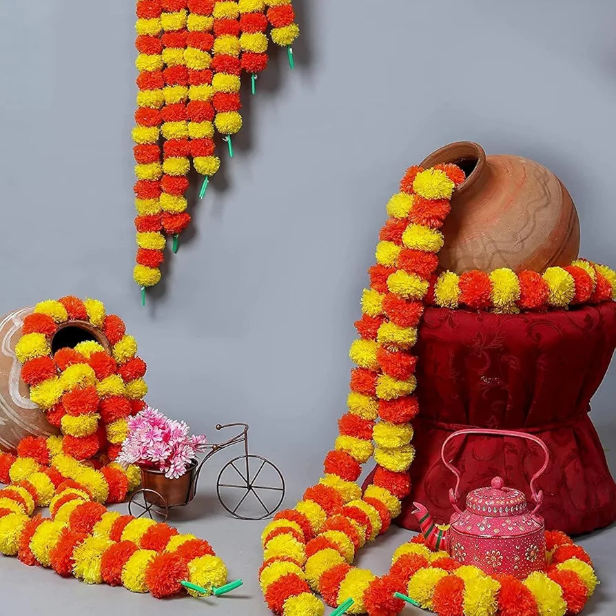 Artificial Marigold Garlands Pack of 15 Yellow Orange & Multi