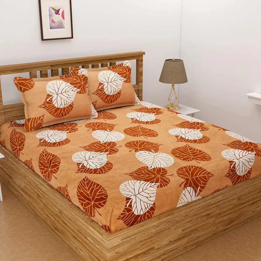 Homefab India 144 TC Microfiber Double Bedsheet with 2 Pillow Covers Beige Leafs