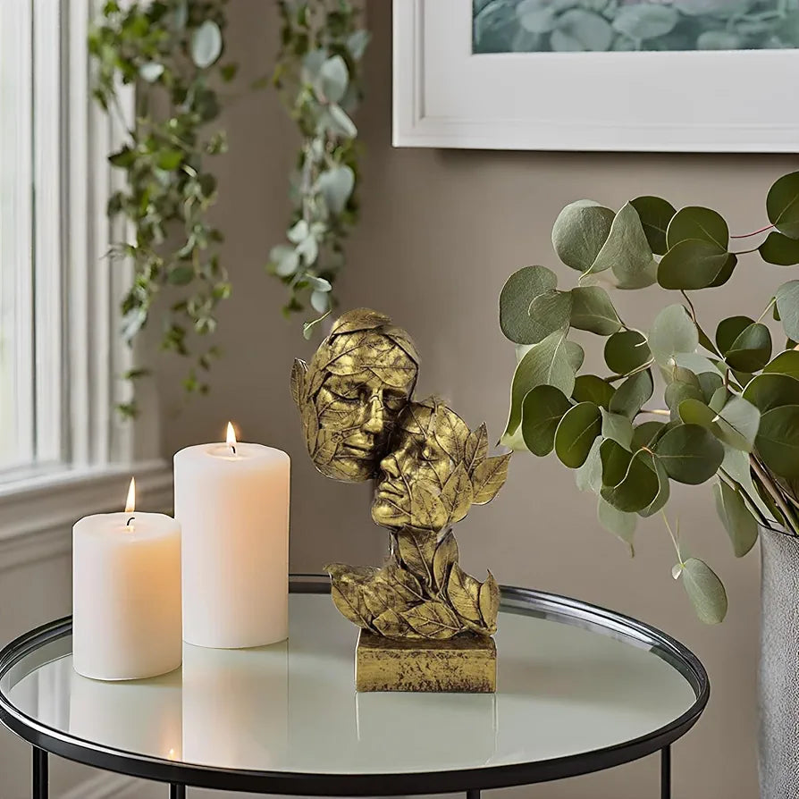 Alila Golden Leaf Couple Faces Statue Showpiece Idol for Gifting 12.5 Inches Height Home Decor