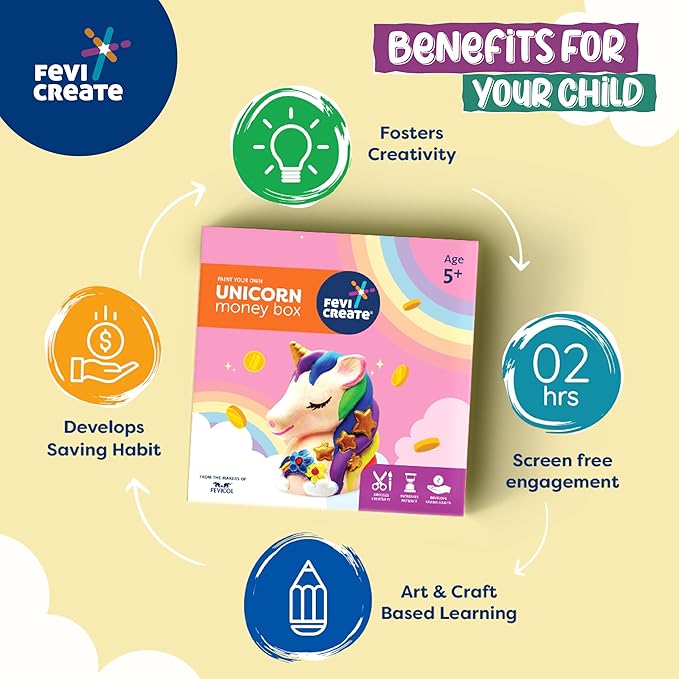 Fevicreate Unicorn Money Box Art and Craft Kit Learn Saving Skills & Gain Financial Knowledge Creative Toys for Kids 5+ Years
