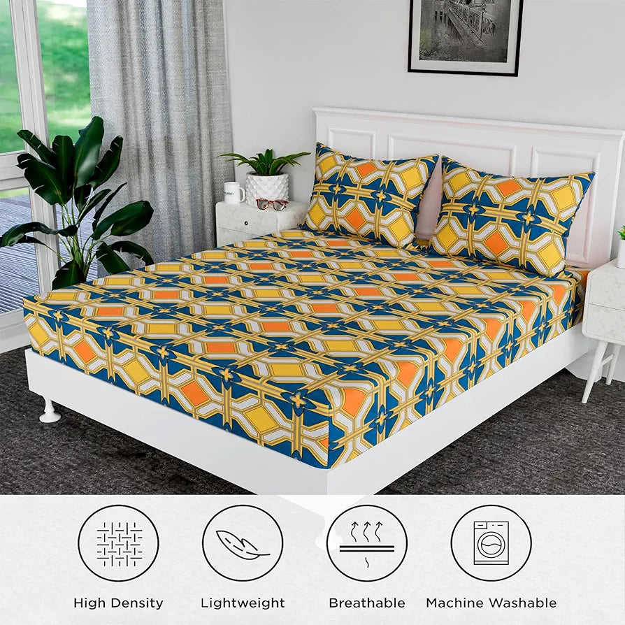 Kuber Industries Double Bedsheet Premium Cotton 120 TC Bedsheet with 2 Pillow Covers for Living Room and Bedroom Green & Orange