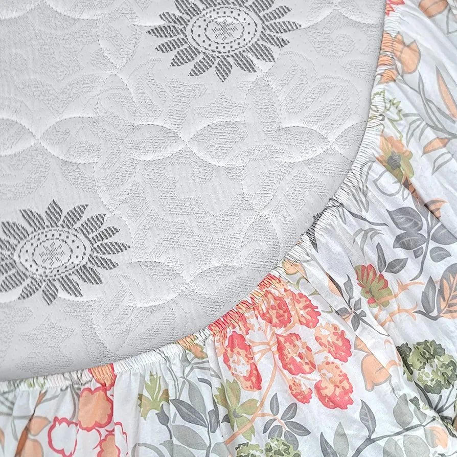 Divine Casa 144 Tc Cotton Floral Print King Size Double Bed Elastic Fitted Bedsheet With 2 Pillow Cover Colour Galaxy Peach