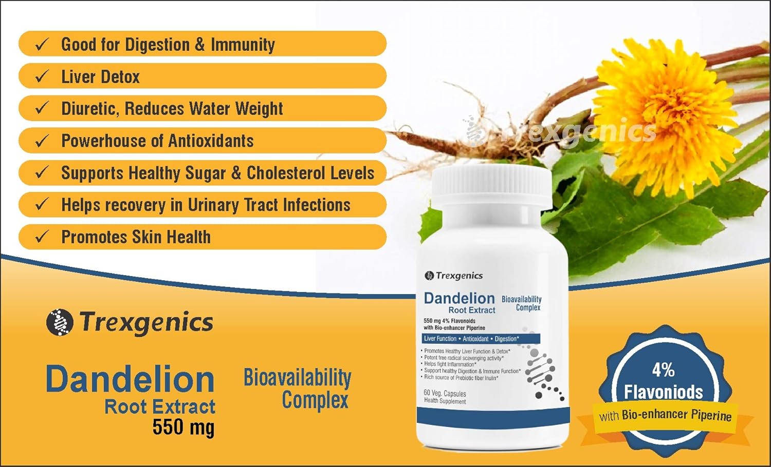 Trexgenics DANDELION (Bioactive 4% Flavonoids) 550mg EXTRACT Liver Function, Dextox, Antioxidant, Digestion (60 Veg Capsules)