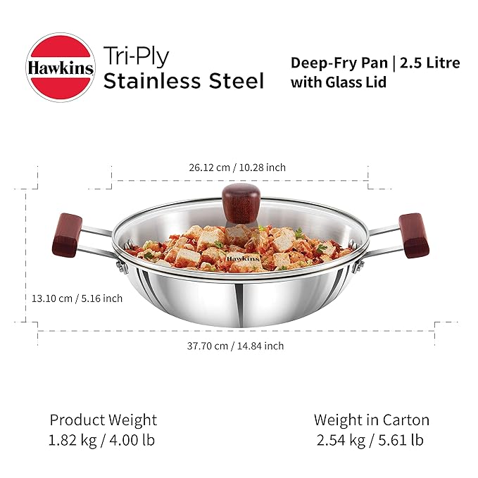 Hawkins 2.5 Litre Deep Fry Pan Triply Stainless Steel Kadai with Glass Lid