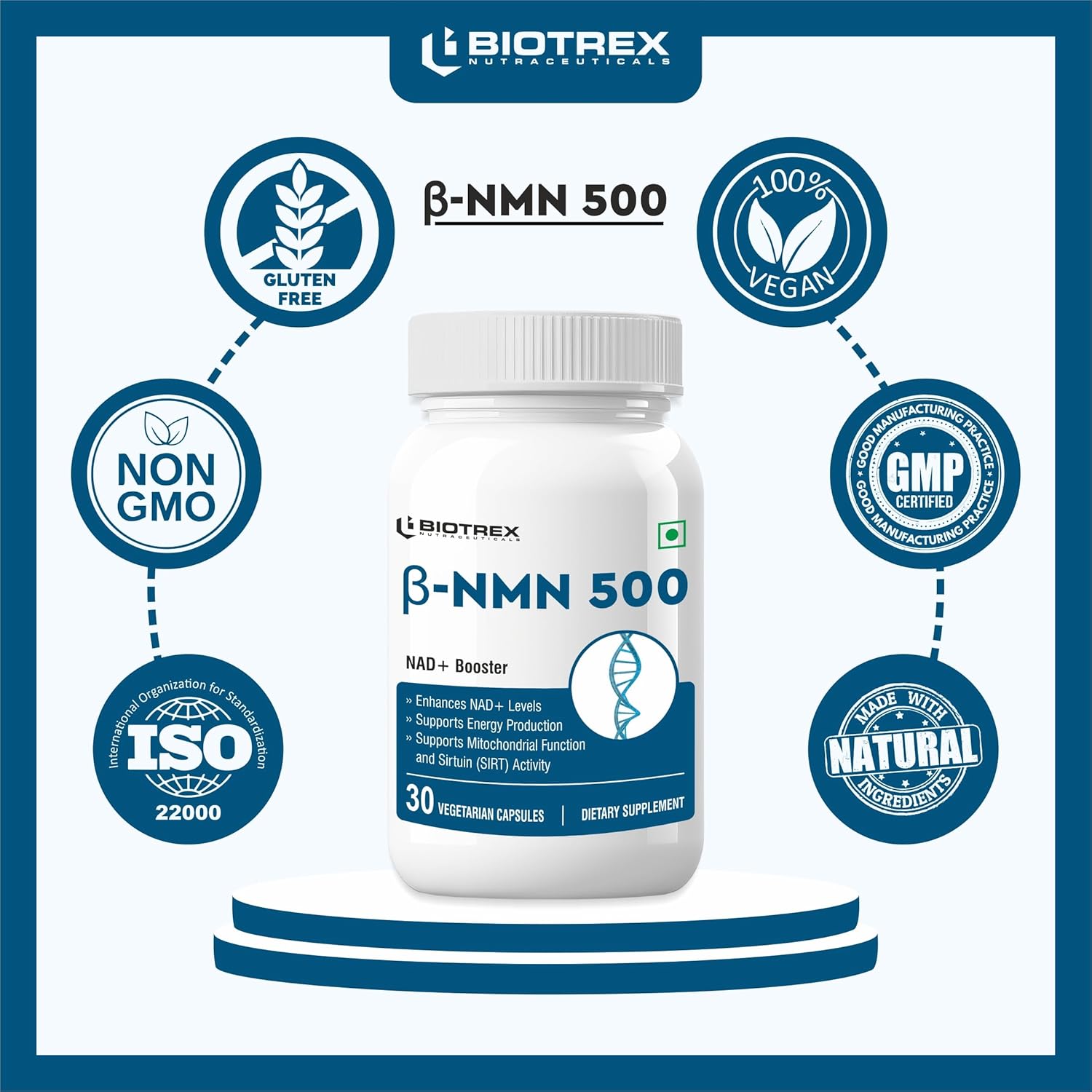 Biotrex Nutraceuticals NMN 500 Supplement, 99% High Purity, NAD Booster, Healthy Energy Levels & Skin Health - 30 Vegetarian Capsules