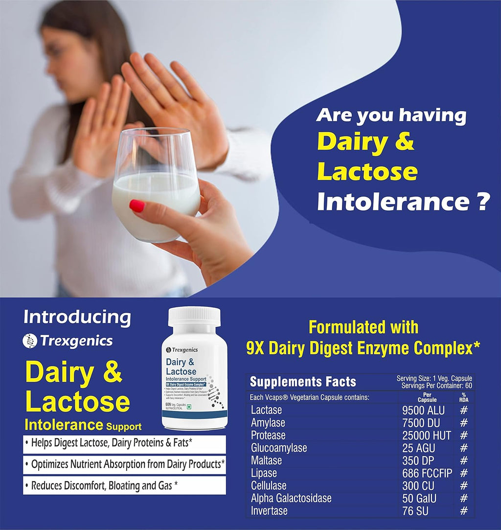 Trexgenics DAIRY & LACTOSE INTOLERENCE SUPPORT 9X Dairy Digest Enzyme Complex for Lactose, Dairy Fat, Protein and Carbs Digestion (60 Veg. Capsules) (Pack of 1)