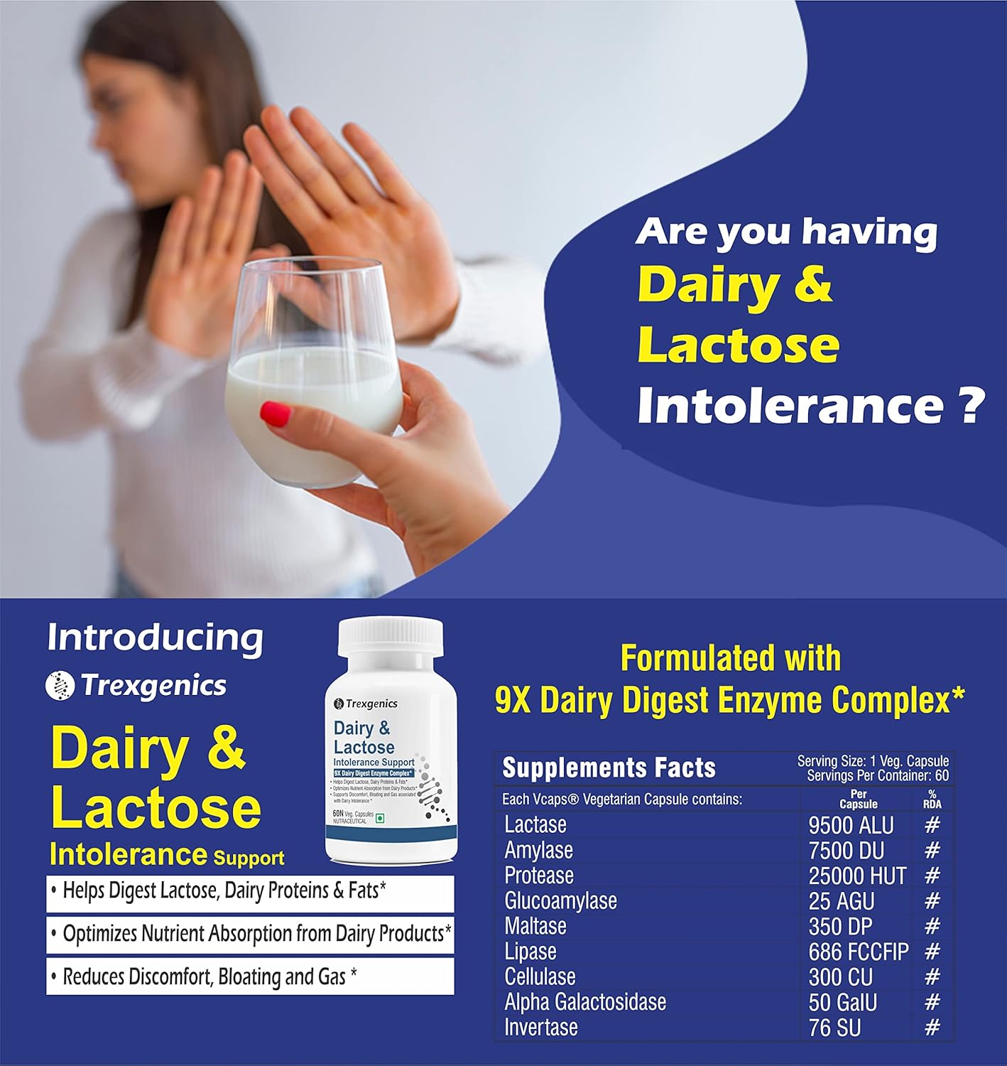 Trexgenics DAIRY & LACTOSE INTOLERENCE SUPPORT 9X Dairy Digest Enzyme Complex for Lactose, Dairy Fat, Protein and Carbs Digestion (60 Veg. Capsules) (Pack of 1)