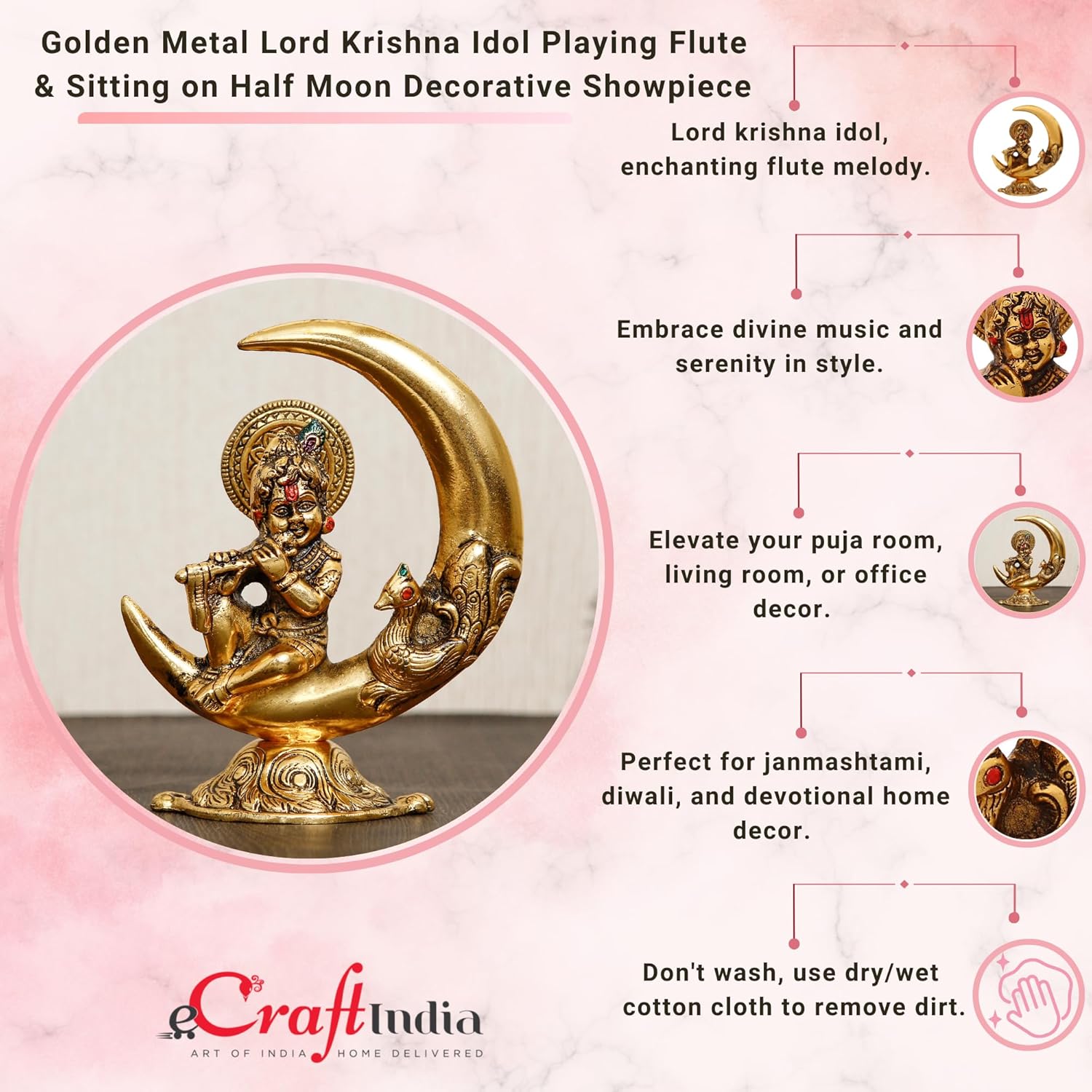 Ecraftindia Golden Metal Handcrafted Lord Krishna Idol Playing Flute and Sitting on Half Moon Decorative Showpiece for Home Decor