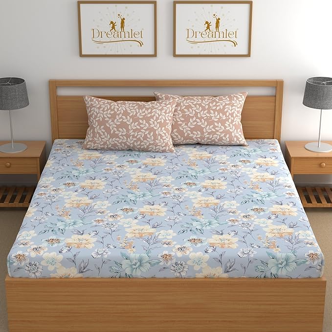 Dreamlet All Around Elastic Supersoft 210tc Premium Cotton Elastic Fitted Bedsheets With 2 King Size Pillow Covers | Blue