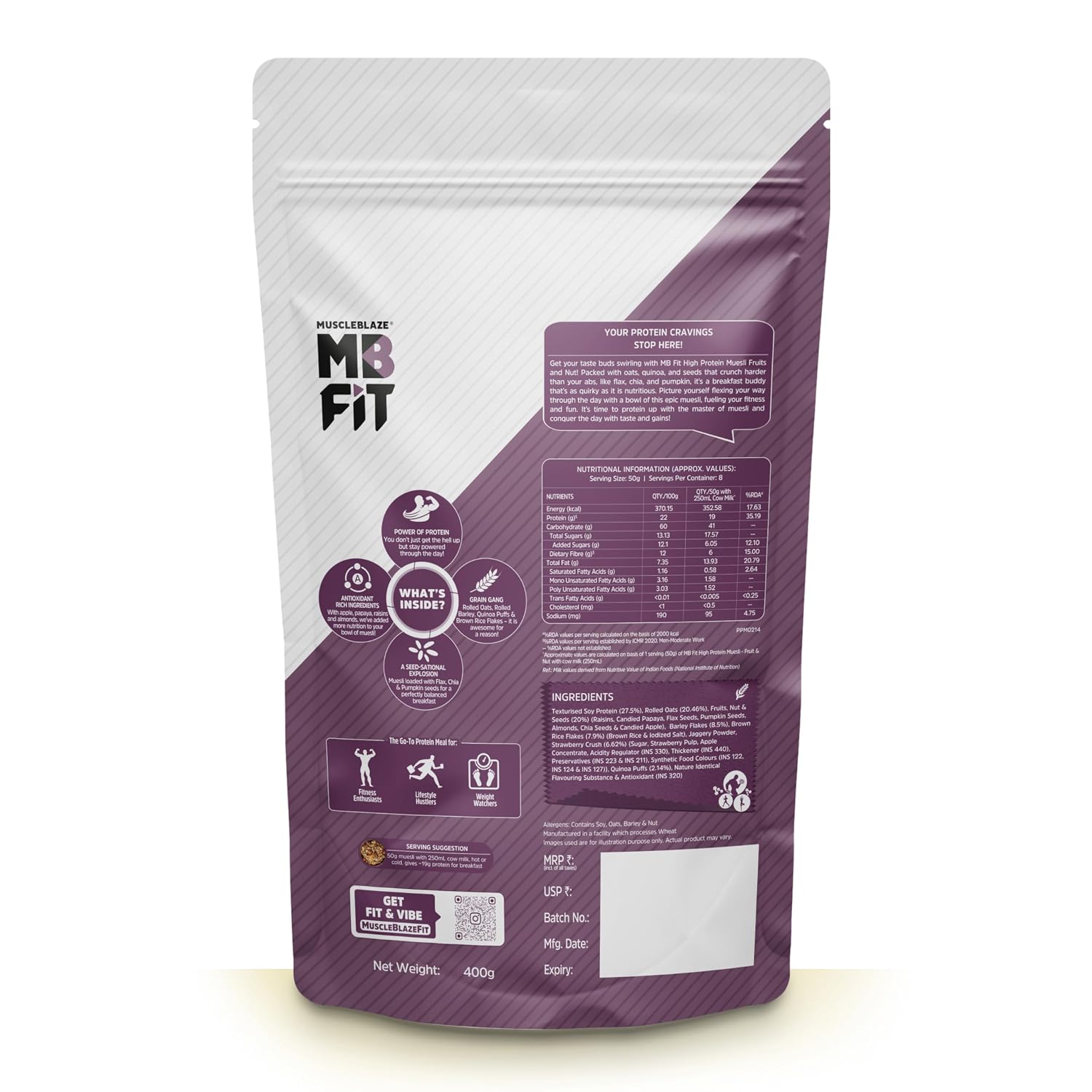 MuscleBlaze Fit High Protein Muesli, Fruit & Nut, 400g | 22g Protein | With Apple, Almonds & Super Seeds, High Protein Breakfast Cereals