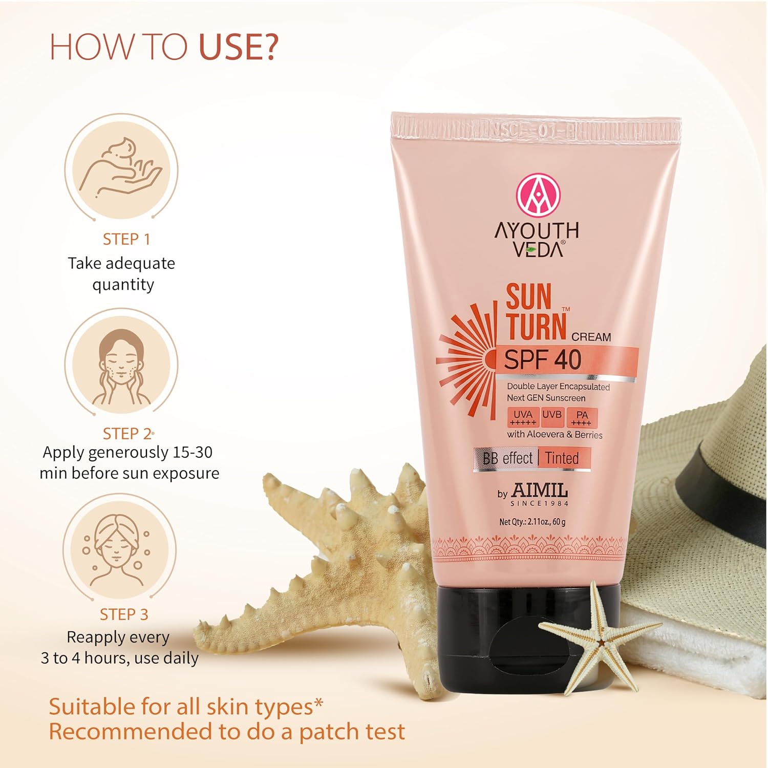 Ayouthveda Sunturn Cream SPF 40 Tinted Sunscreen with BB Effect & PA++++ | Zinc Oxide, Aloe Vera & Berry Extracts | Broad Spectrum UVA/UVB & Blue Light Protection | No White Cast | Lightweight & Water Resistant | 60g (Pack of 1)