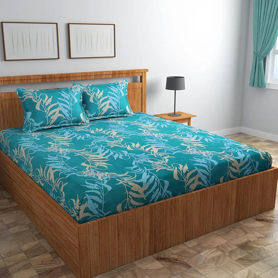 Homefab India 160 TC Glace Cotton Double BedSheet with 2 Pillow Covers Aqua Floral