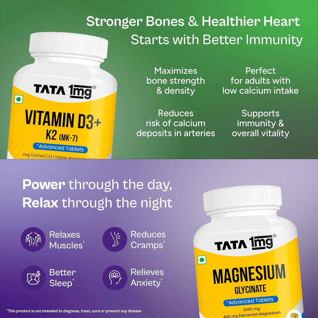 Tata 1mg Magnesium Glycinate, 120 Tablets + Tata 1mg Vitamin D3+K2, 120 Tablets