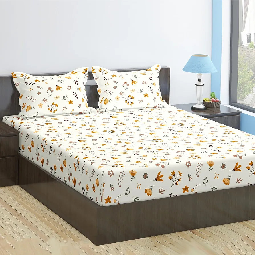 Trance Home Linen 180Tc 100% Cotton 78"X60" Standard Queen Size Elastic Fitted Bedsheet Printed Queen Bed Size With 2 Pillow Covers 200 TC Colour Soloce Yellow