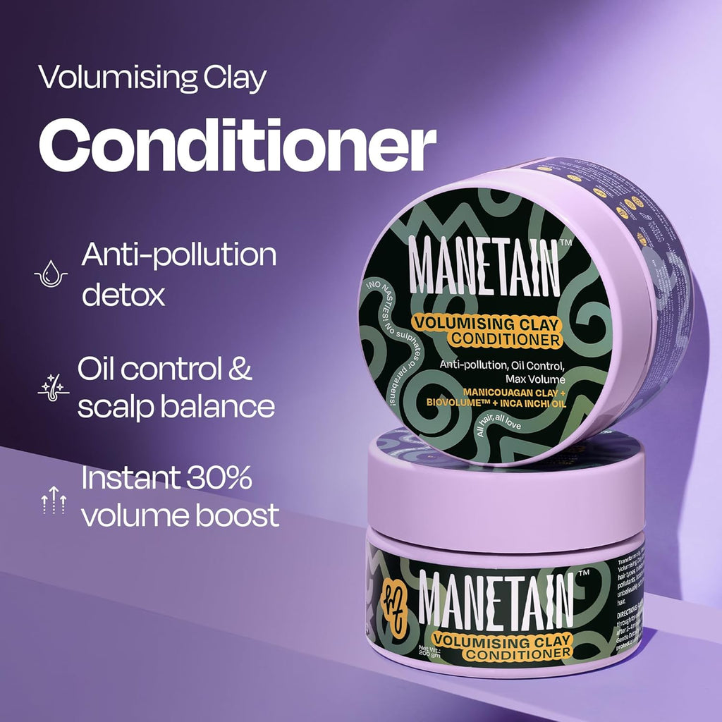 MANETAIN Volumising Clay Conditioner 200gm for Curly & Wavy Hair | Oil Control & Detoxifying Formula for Frizzy Hair with Manicouagan Clay & BIOVOLUME™ | Lightweight, CG-Friendly Hair Conditioner
