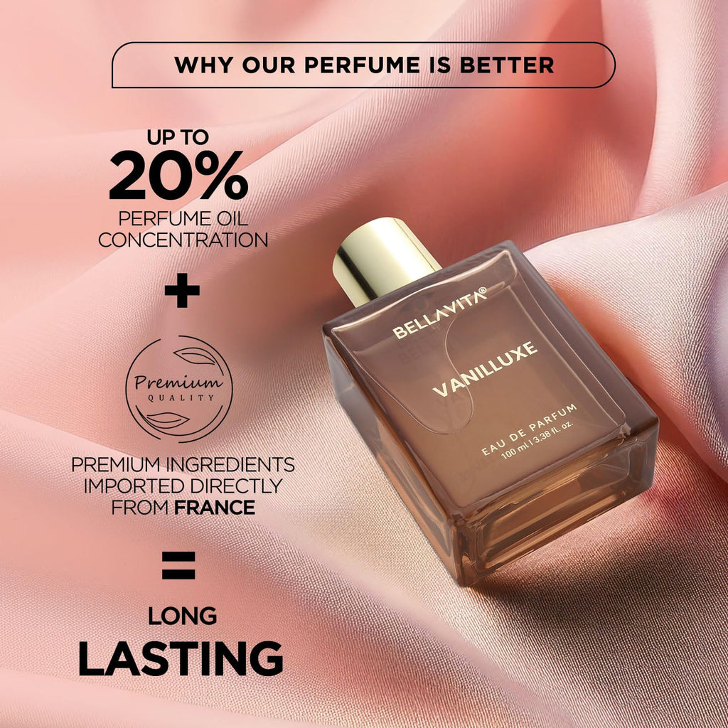 BELLAVITA Vanilluxe | Long Lasting | 100ml | Perfume for Man and Woman | Cedarwood, Jasmine & Musk | Musky, Floral Premium Unisex Fragrance for Men