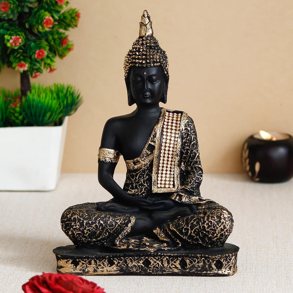 Ecraftindia Black Golden Resin Handcrafted Meditating Lord Buddha Idol for Home Decor