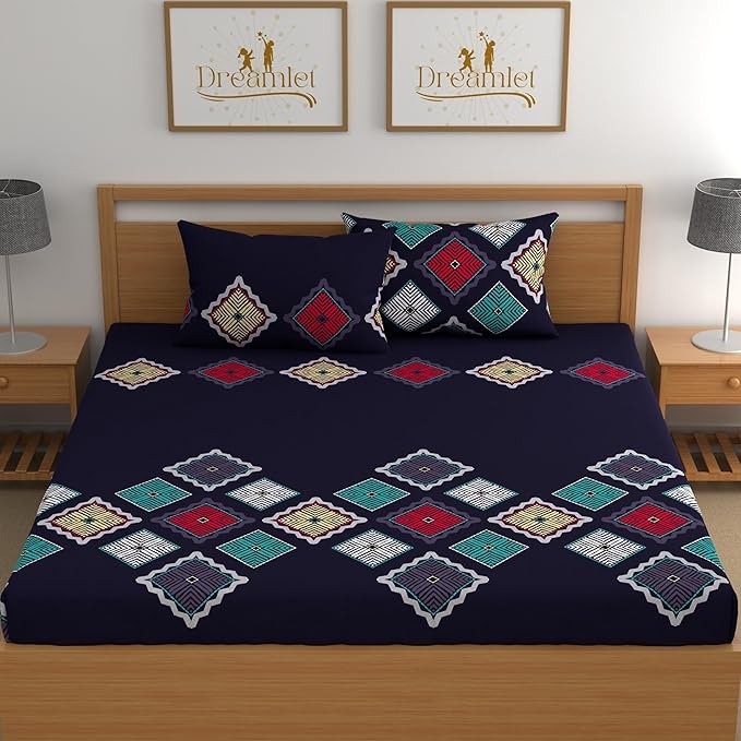 Dreamlet Prime Collections 160tc Pure Cotton Breathable Supersoft Wrinkelfree Double Flat Bedsheet With 2 Pillow Covers | Navy Blue