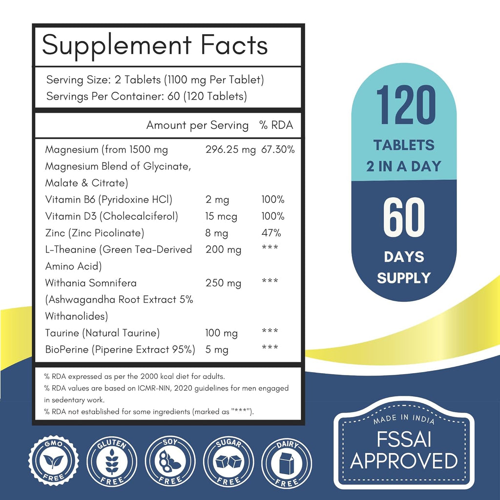 ANUPURAK Triple Magnesium Complex Tablets | Glycinate, Malate & Citrate | 296mg Elemental Magnesium | Ashwagandha, L-Theanine, Zinc & D3 | Stress Support, Calm Focus & Muscle Function | 120 Tablets (60 Days)