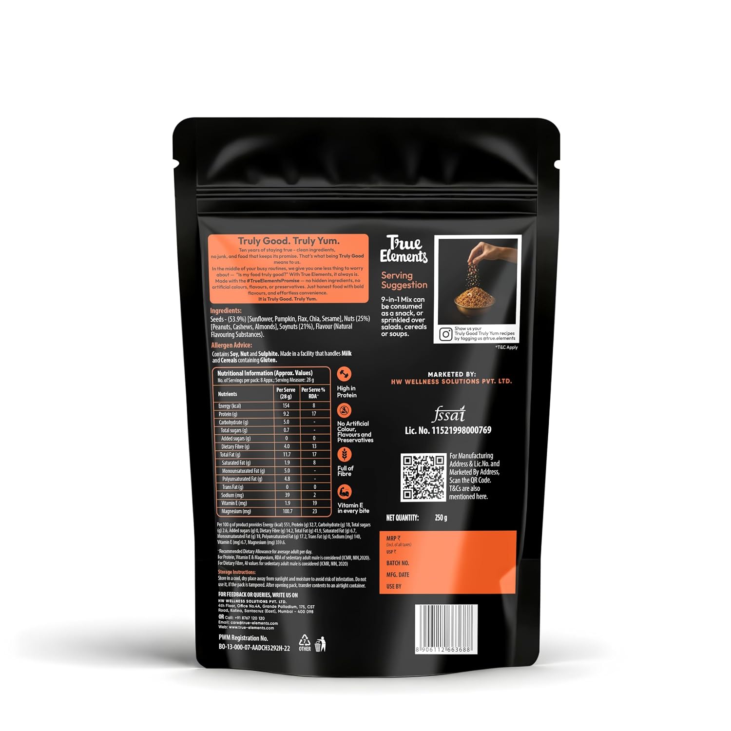 True Elements 9 in 1 Snack Mix 250g - Nuts and Seeds Mix | Mix Seeds for Eating | Diet Snacks | Protein Rich Food