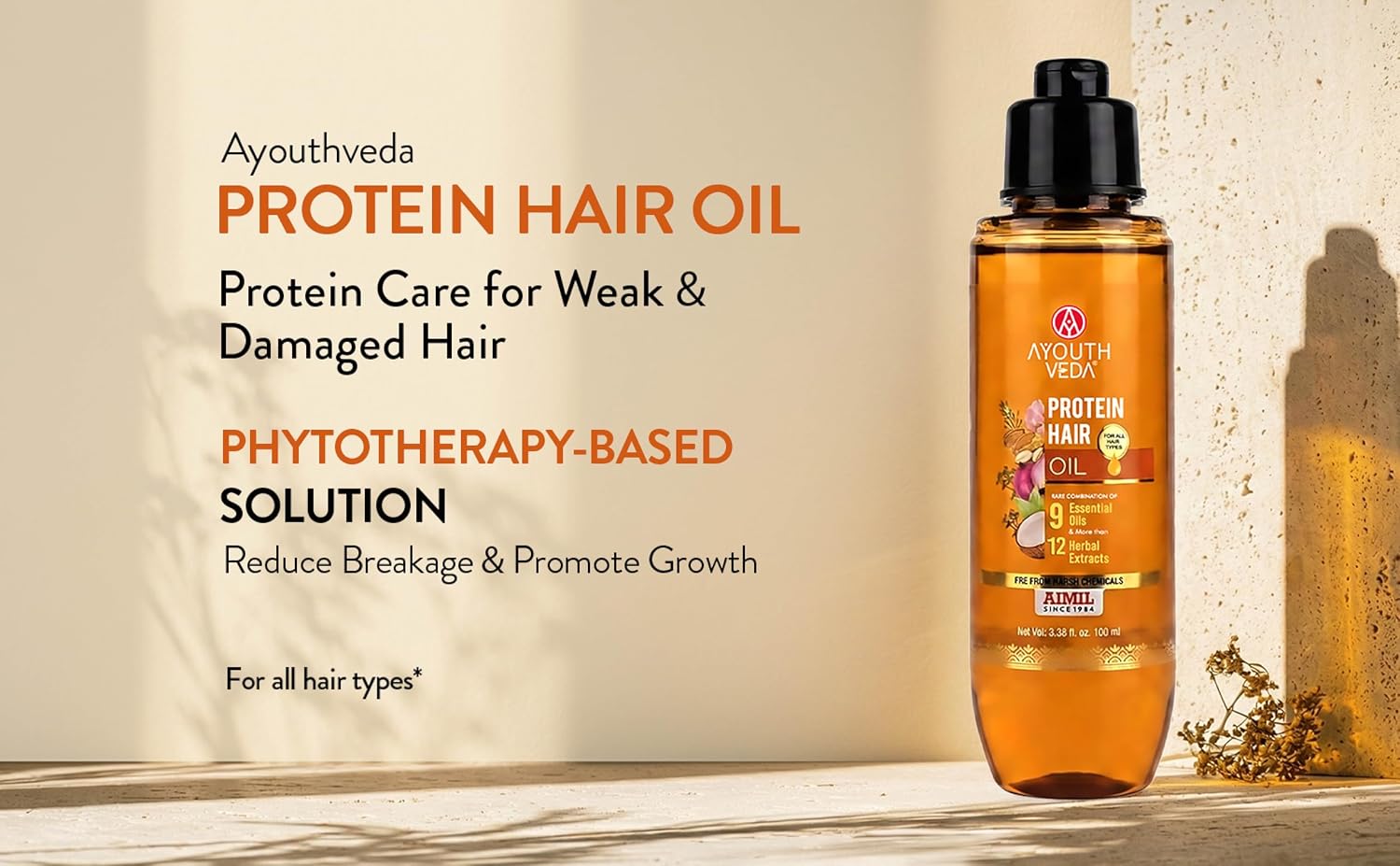 Ayouthveda Protein Hair Oil | Nourishing Oil to Repair Damage | With Bhringraj, Coffee, Arhar & Urad Dal | Blend of 9 Nourishing Oils and 12 Herbal Extracts | Helps Improve Hair Strength, Shine & Softness | For All Hair Types | 100 ml