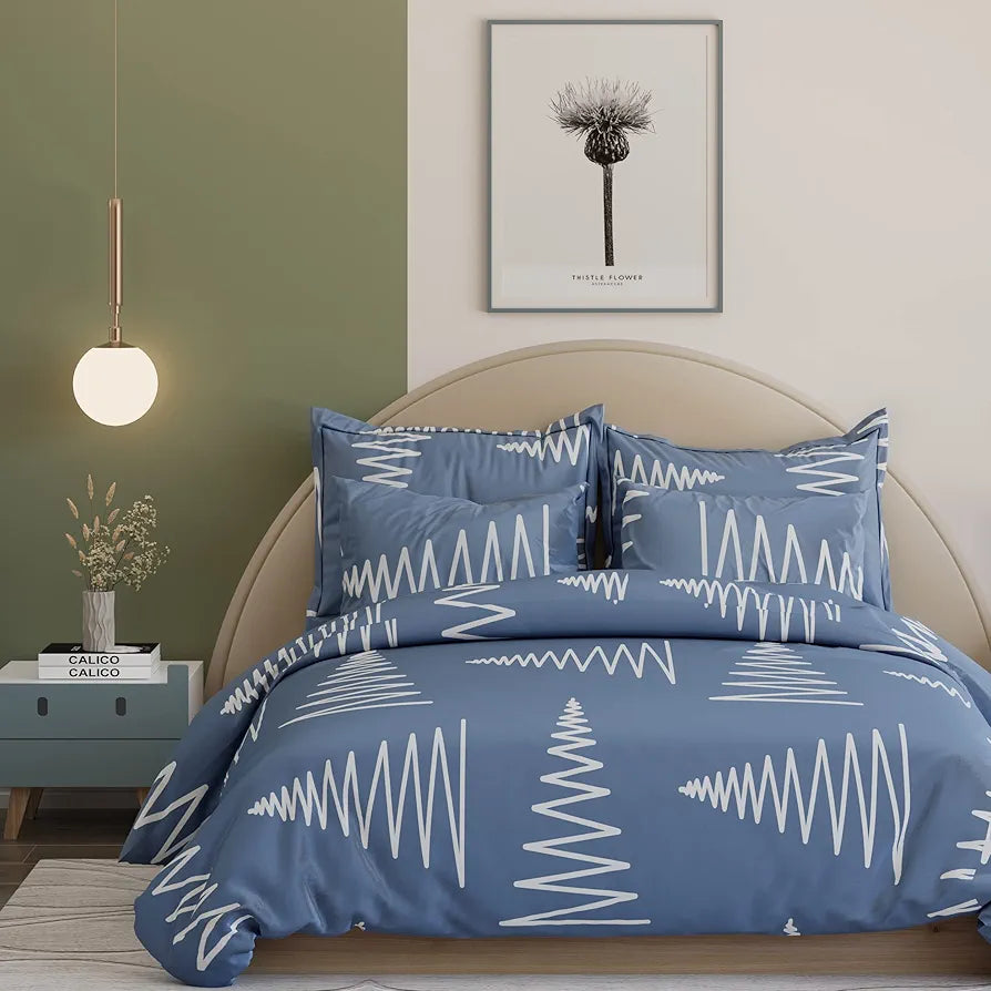 The Home Style 400 TC Cotton Elastic Fitted All Around Printed King Size Double Bed Bedsheet wih 2 Pillow Cover Dusk Blue