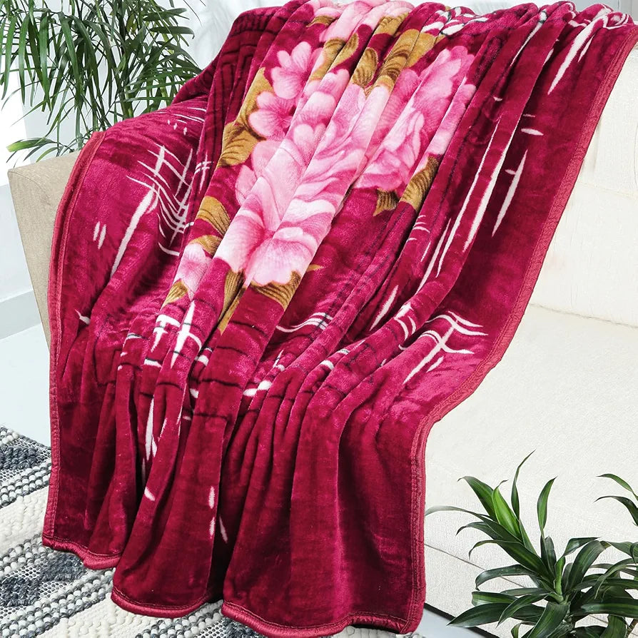 Homekart Premium Super Soft Cloudy Printed Mink Double Bed Blanket for All Season Ultrasoft & Cozy Single Ply Blanket Pink Flower Dark Red