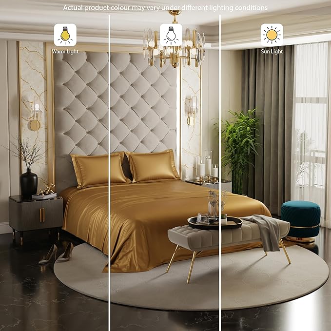 Stoa Paris Satin Bedsheets for Double Bed 300TC Premium Bedsheet with 2 Pillow Covers Colour Eternal Glow-Gold