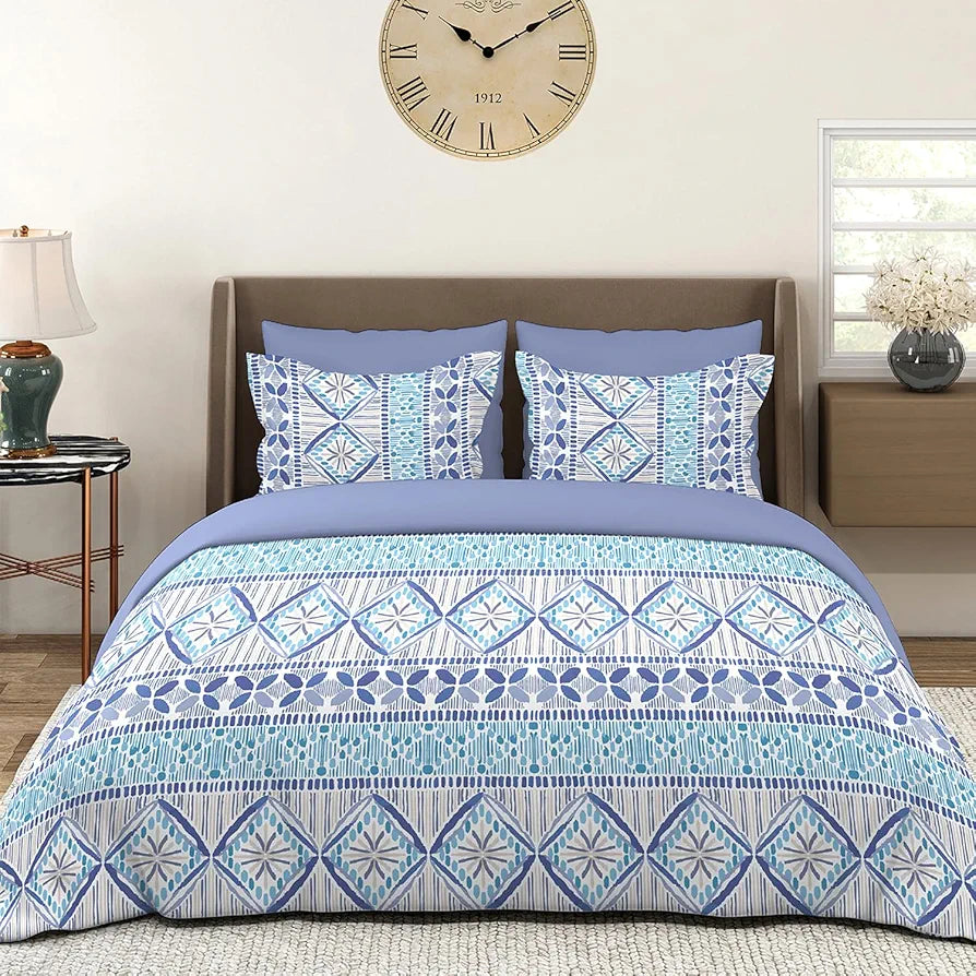 Layers Home Easy Cotton Bedsheet Set for All Seasons Lightweight 144 TC Queen Size Blue Printed