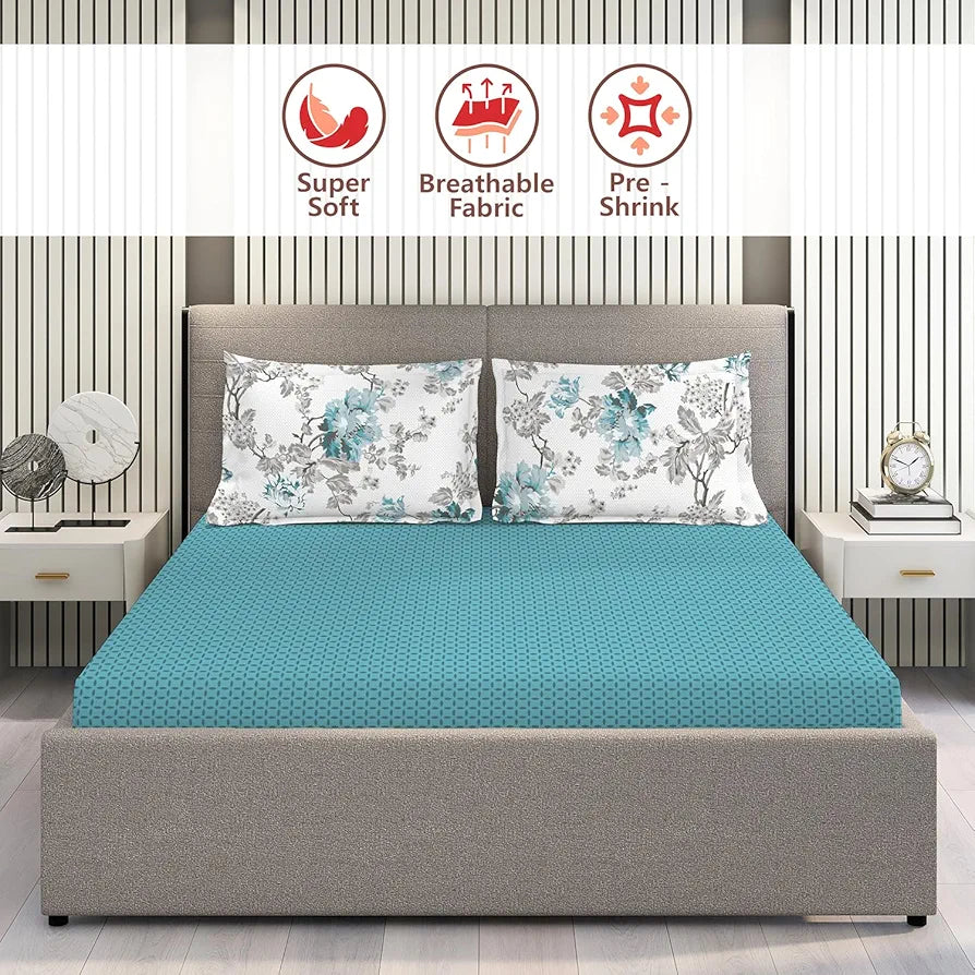 Layers Illuminating Homes Cotton Bedsheet Set for All Seasons Lightweight 144 TC Queen Size Blue Checks
