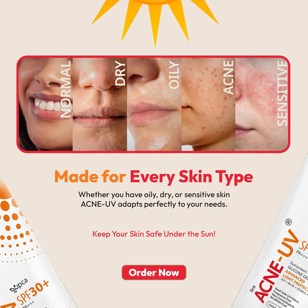 New Acne-UV Gel Sunscreen SPF 30 PA+++ | Sunscreen for Oily Skin Women & Men | Non-Comedogenic Sunscreen | Silicone Gel | Visible Light Protection | Water Resistant | Suitable for All Skin Types