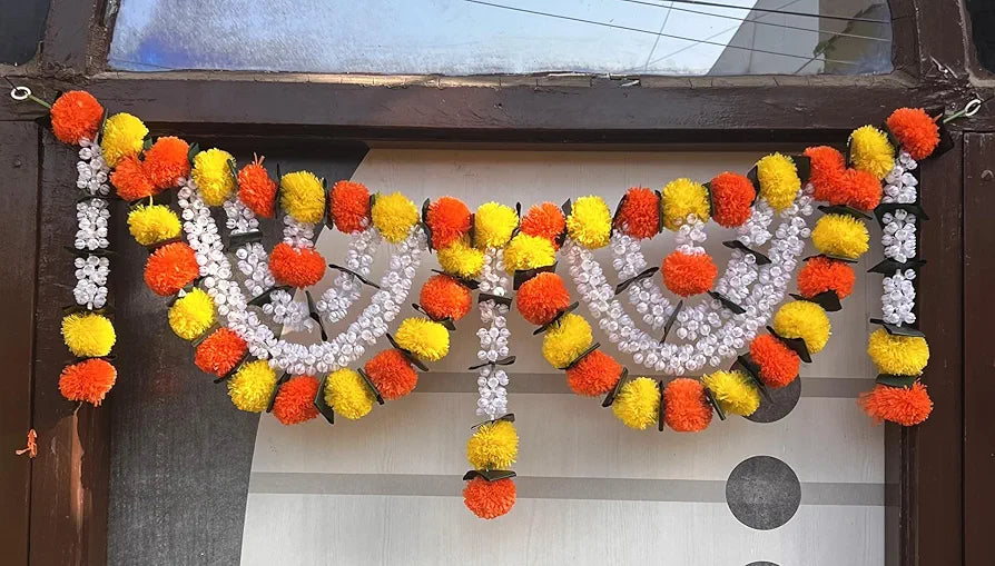 Artificial Marigold Bandanwar with Jasmine 40 Inch Yellow & Orange Flower Marigold With Fold Leaf Bandanwar