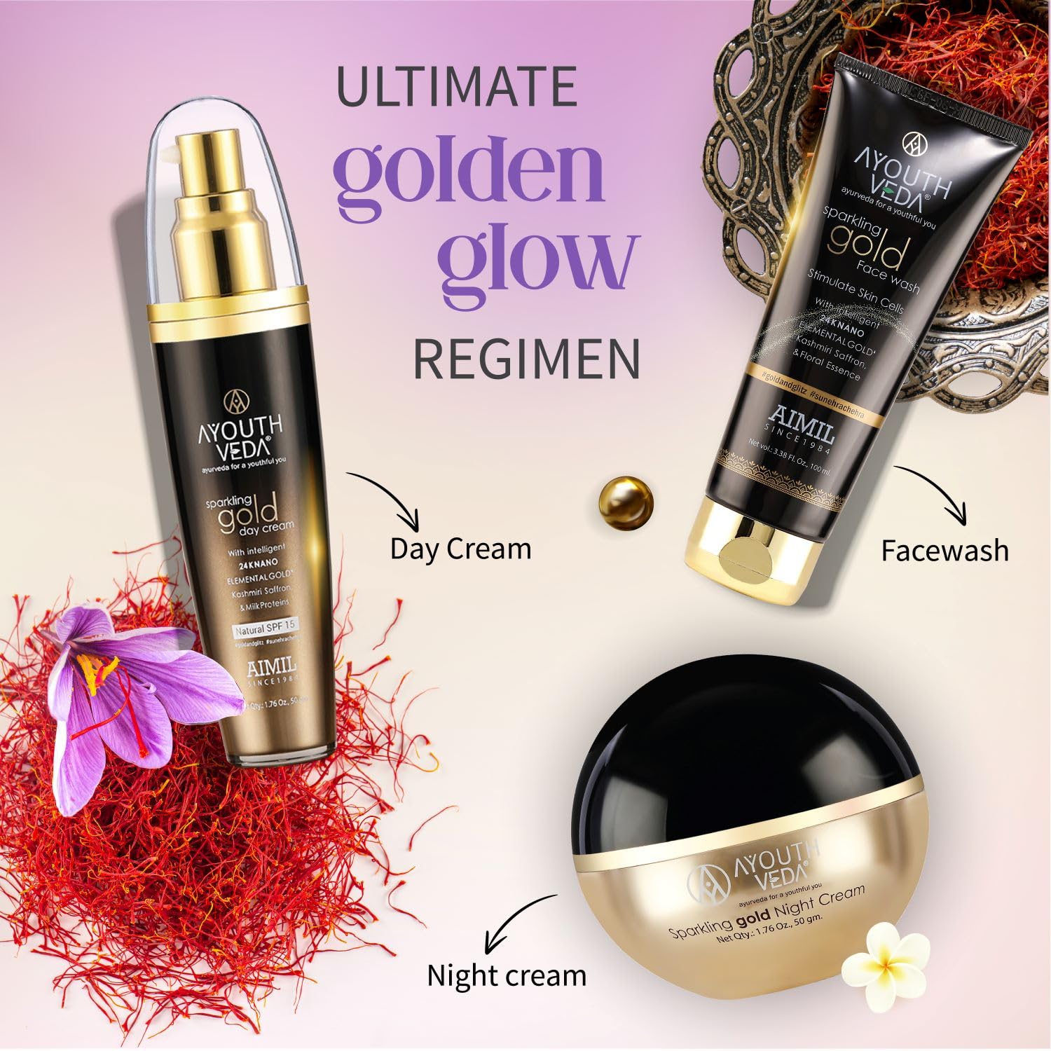 Ayouthveda Sparkling Gold Day Cream | 24K Nano Gold & Kashmiri Saffron | Anti-Ageing, Brightening & Blemish Reduction | Restores Skin Elasticity | Natural SPF Protection | For Dry to Normal Skin (50g (Pack of 1))