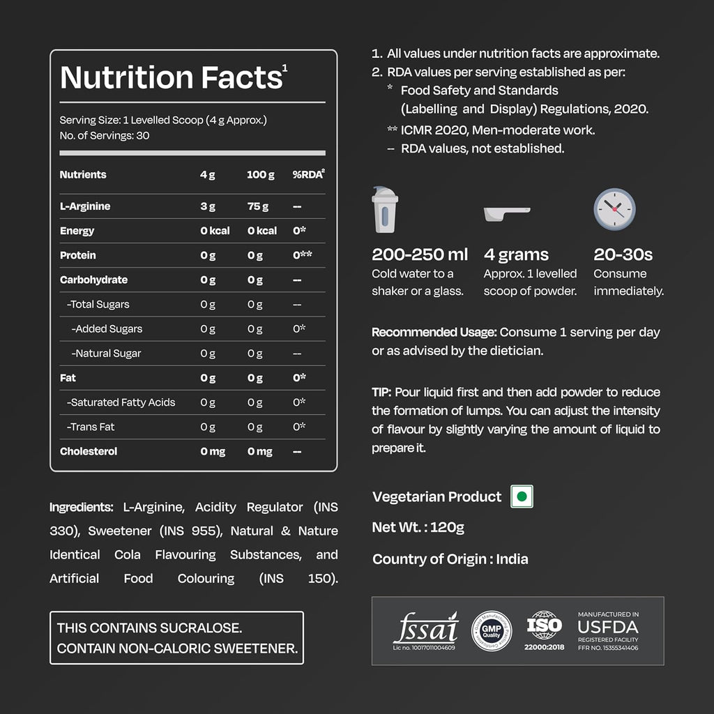 Nutrabay Gold L-Arginine Supplement Powder 120g, Cola Flavor â€“ Pre Workout Amino Acid for Endurance, Muscle Building & Faster Recovery | Tested for Purity | 100% Authentic