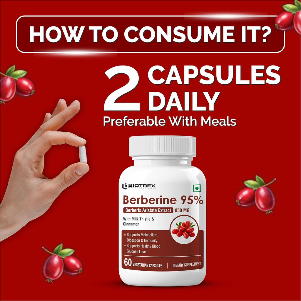 Biotrex Nutraceuticals Berberine HCL 850mg | 95% High Purity | With Milk Thistle & Cinnamon | Maintain Healthy Glucose Levels | Metabolic Support & Digestive Wellness | Lab Tested | 60 Veg Capsules